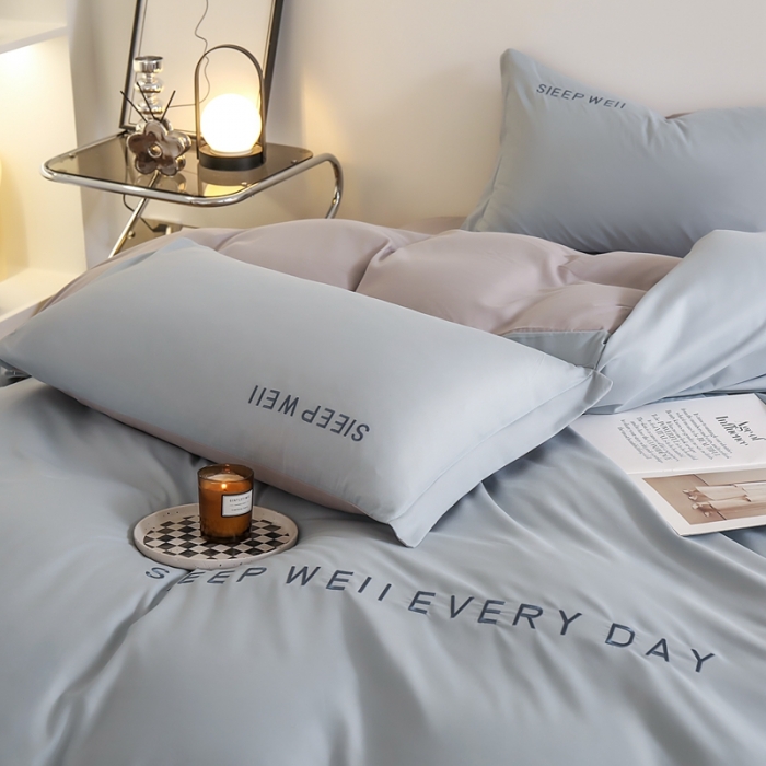 91家纺网 家纺一手货源 找家纺 啊雅家居 新款纯色水洗磨毛亲肤绣花床单款床笠款四套件 奶兰灰加奶浅灰