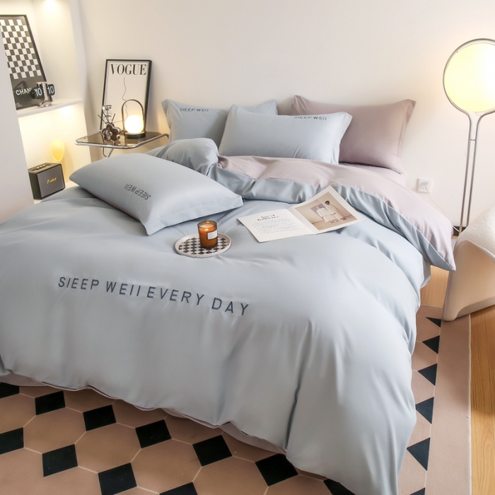 91家纺网 家纺一手货源 找家纺 啊雅家居 新款纯色水洗磨毛亲肤绣花床单款床笠款四套件 奶兰灰加奶浅灰