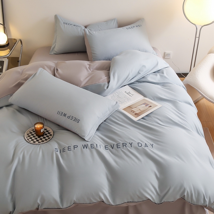 91家纺网 家纺一手货源 找家纺 啊雅家居 新款纯色水洗磨毛亲肤绣花床单款床笠款四套件 奶兰灰加奶浅灰