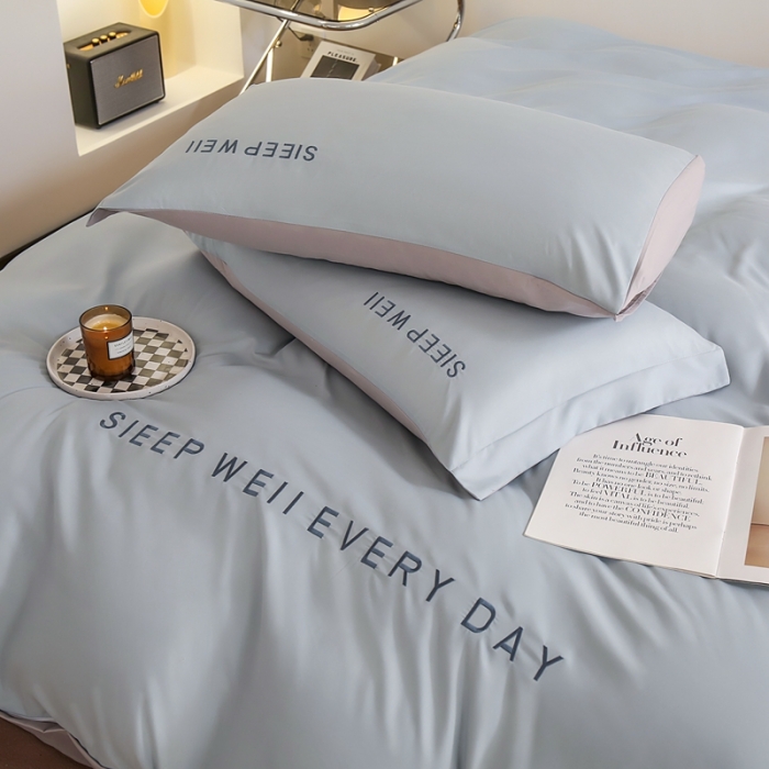 91家纺网 家纺一手货源 找家纺 啊雅家居 新款纯色水洗磨毛亲肤绣花床单款床笠款四套件 奶兰灰加奶浅灰