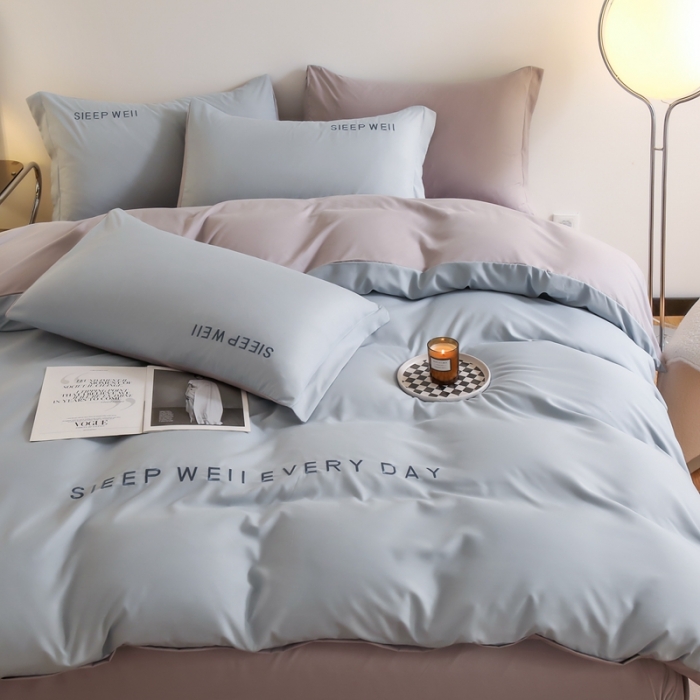 91家纺网 家纺一手货源 找家纺 啊雅家居 新款纯色水洗磨毛亲肤绣花床单款床笠款四套件 奶兰灰加奶浅灰