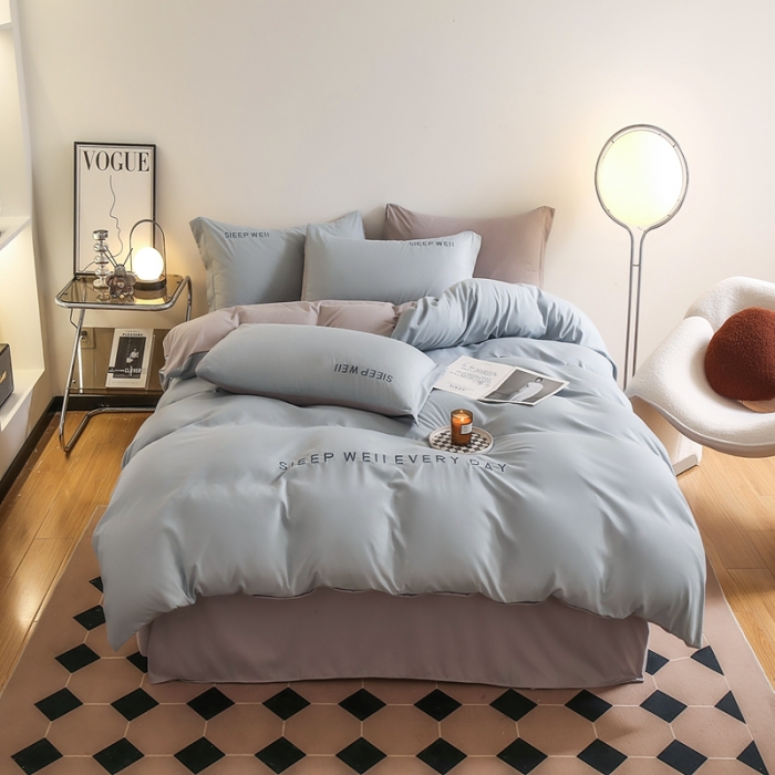 91家纺网 家纺一手货源 找家纺 啊雅家居 新款纯色水洗磨毛亲肤绣花床单款床笠款四套件 奶兰灰加奶浅灰