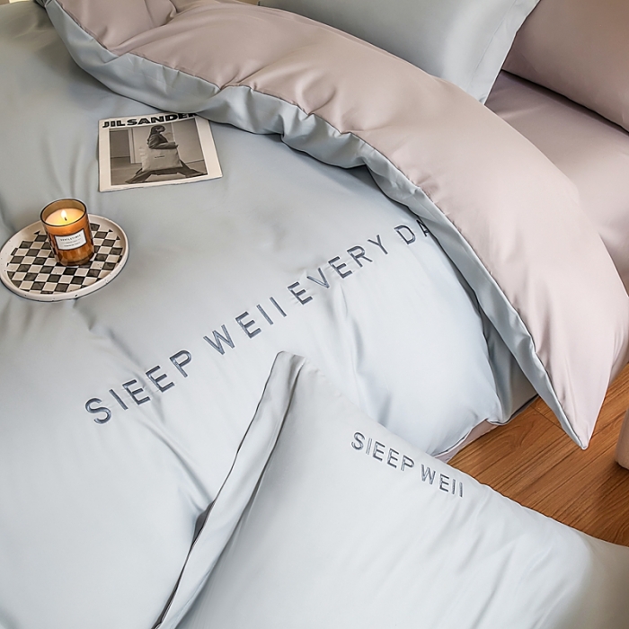 91家纺网 家纺一手货源 找家纺 啊雅家居 新款纯色水洗磨毛亲肤绣花床单款床笠款四套件 奶兰灰加奶浅灰