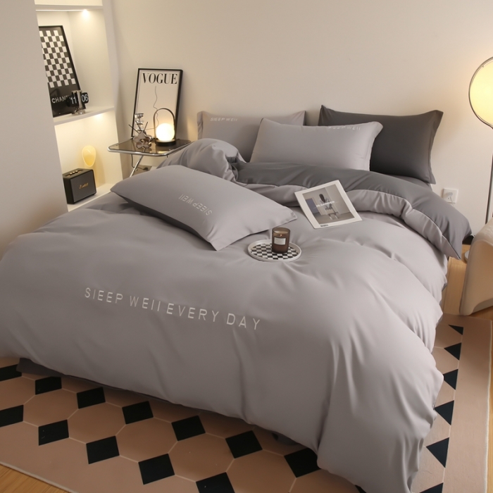 91家纺网 家纺一手货源 找家纺 啊雅家居 新款纯色水洗磨毛亲肤绣花床单款床笠款四套件 奶浅灰加奶深灰