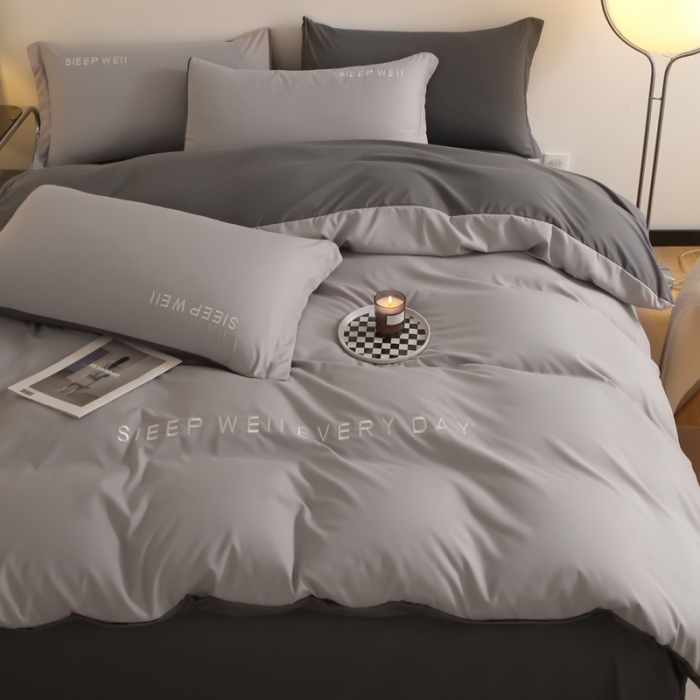 91家纺网 家纺一手货源 找家纺 啊雅家居 新款纯色水洗磨毛亲肤绣花床单款床笠款四套件 奶浅灰加奶深灰