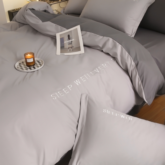 91家纺网 家纺一手货源 找家纺 啊雅家居 新款纯色水洗磨毛亲肤绣花床单款床笠款四套件 奶浅灰加奶深灰