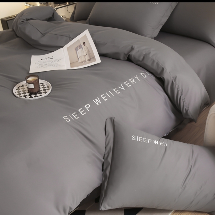 91家纺网 家纺一手货源 找家纺 啊雅家居2025新款纯色水洗磨毛亲肤绣花床单款床笠款四套件 奶深灰