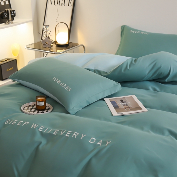 91家纺网 家纺一手货源 找家纺 啊雅家居 新款纯色水洗磨毛亲肤绣花床单款床笠款四套件 奶石兰加奶星蓝