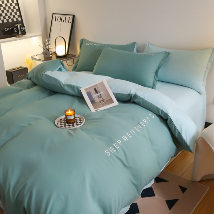 91家纺网 家纺一手货源 找家纺 啊雅家居 新款纯色水洗磨毛亲肤绣花床单款床笠款四套件 奶石兰加奶星蓝