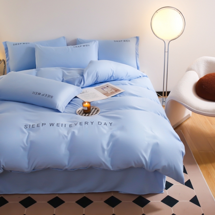 91家纺网 家纺一手货源 找家纺 啊雅家居2025新款纯色水洗磨毛亲肤绣花床单款床笠款四套件 奶天兰