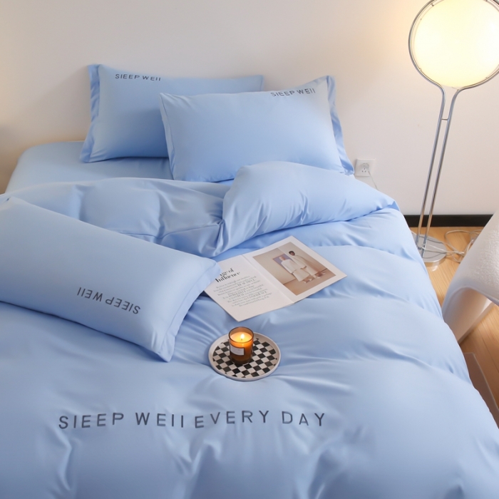 91家纺网 家纺一手货源 找家纺 啊雅家居2025新款纯色水洗磨毛亲肤绣花床单款床笠款四套件 奶天兰