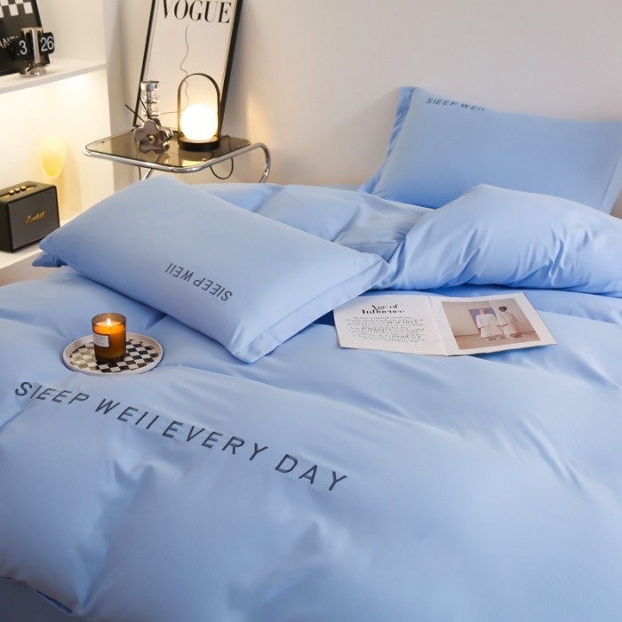 91家纺网 家纺一手货源 找家纺 啊雅家居2025新款纯色水洗磨毛亲肤绣花床单款床笠款四套件 奶天兰