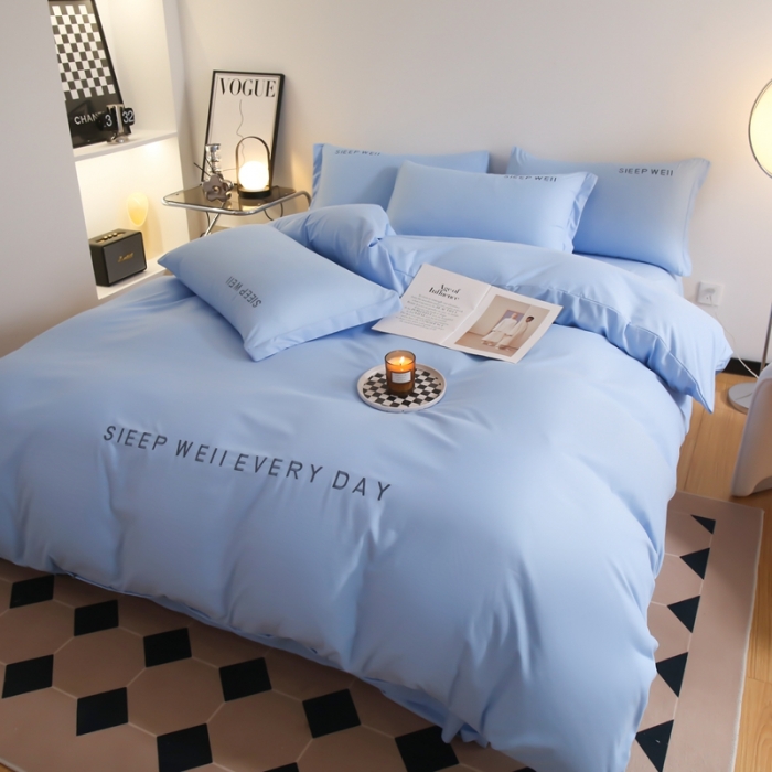 91家纺网 家纺一手货源 找家纺 啊雅家居2025新款纯色水洗磨毛亲肤绣花床单款床笠款四套件 奶天兰