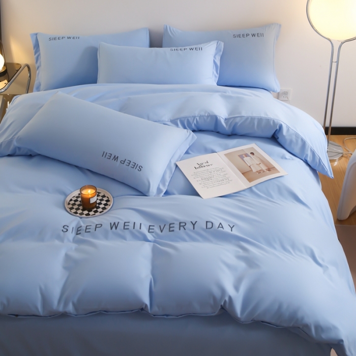 91家纺网 家纺一手货源 找家纺 啊雅家居2025新款纯色水洗磨毛亲肤绣花床单款床笠款四套件 奶天兰