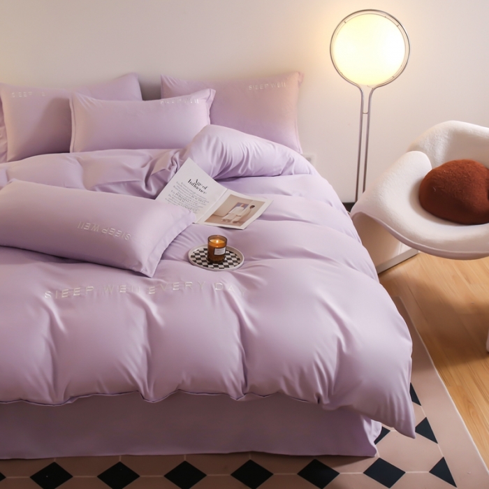 91家纺网 家纺一手货源 找家纺 啊雅家居2025新款纯色水洗磨毛亲肤绣花床单款床笠款四套件 奶紫