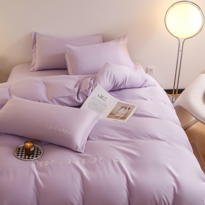 91家纺网 家纺一手货源 找家纺 啊雅家居2025新款纯色水洗磨毛亲肤绣花床单款床笠款四套件 奶紫