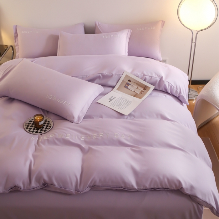 91家纺网 家纺一手货源 找家纺 啊雅家居2025新款纯色水洗磨毛亲肤绣花床单款床笠款四套件 奶紫