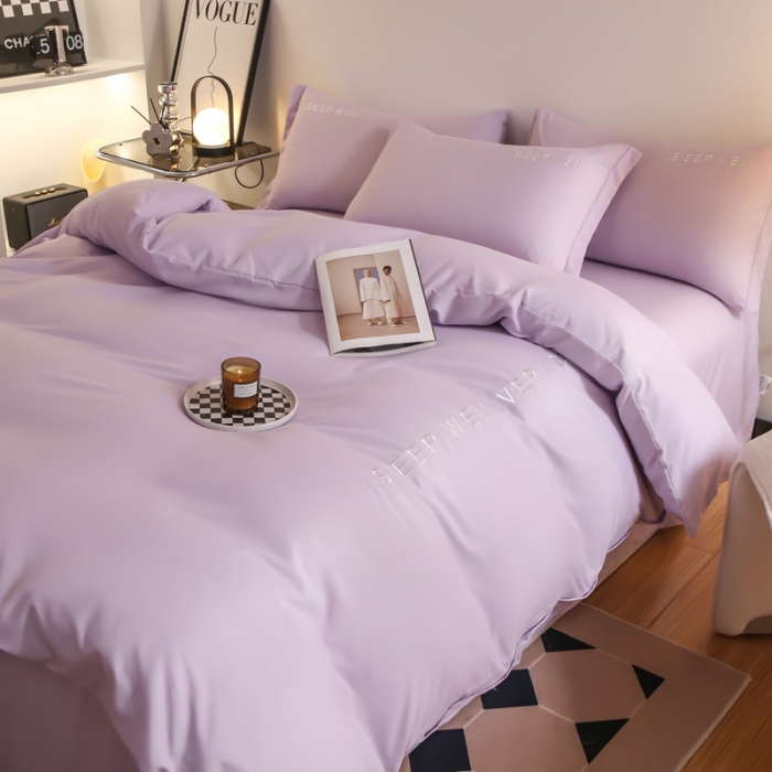 91家纺网 家纺一手货源 找家纺 啊雅家居2025新款纯色水洗磨毛亲肤绣花床单款床笠款四套件 奶紫