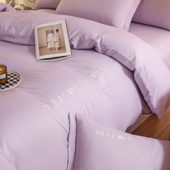 91家纺网 家纺一手货源 找家纺 啊雅家居2025新款纯色水洗磨毛亲肤绣花床单款床笠款四套件 奶紫