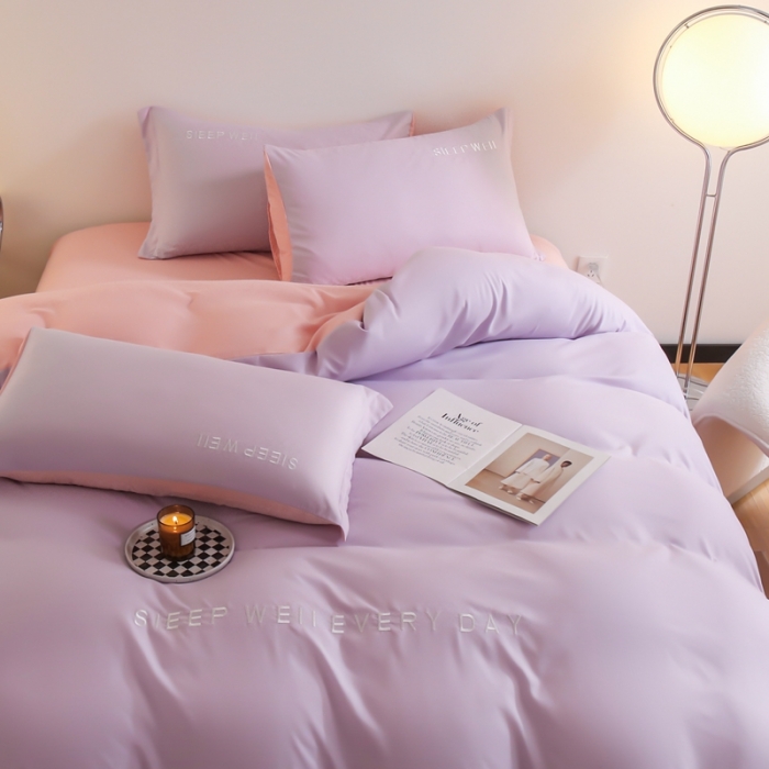 91家纺网 家纺一手货源 找家纺 啊雅家居2025新款纯色水洗磨毛亲肤绣花床单款床笠款四套件 奶紫加奶粉