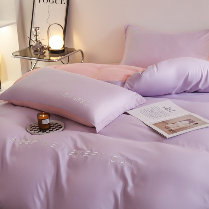 91家纺网 家纺一手货源 找家纺 啊雅家居2025新款纯色水洗磨毛亲肤绣花床单款床笠款四套件 奶紫加奶粉