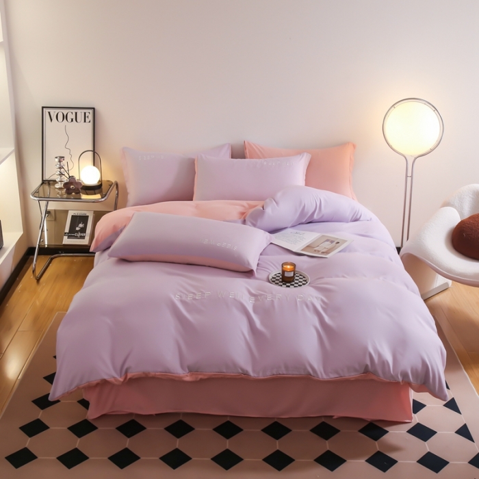 91家纺网 家纺一手货源 找家纺 啊雅家居2025新款纯色水洗磨毛亲肤绣花床单款床笠款四套件 奶紫加奶粉