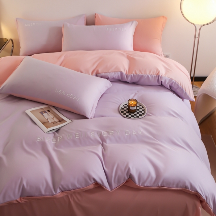 91家纺网 家纺一手货源 找家纺 啊雅家居2025新款纯色水洗磨毛亲肤绣花床单款床笠款四套件 奶紫加奶粉