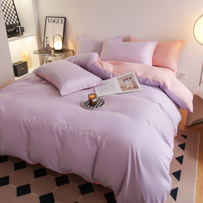 91家纺网 家纺一手货源 找家纺 啊雅家居2025新款纯色水洗磨毛亲肤绣花床单款床笠款四套件 奶紫加奶粉