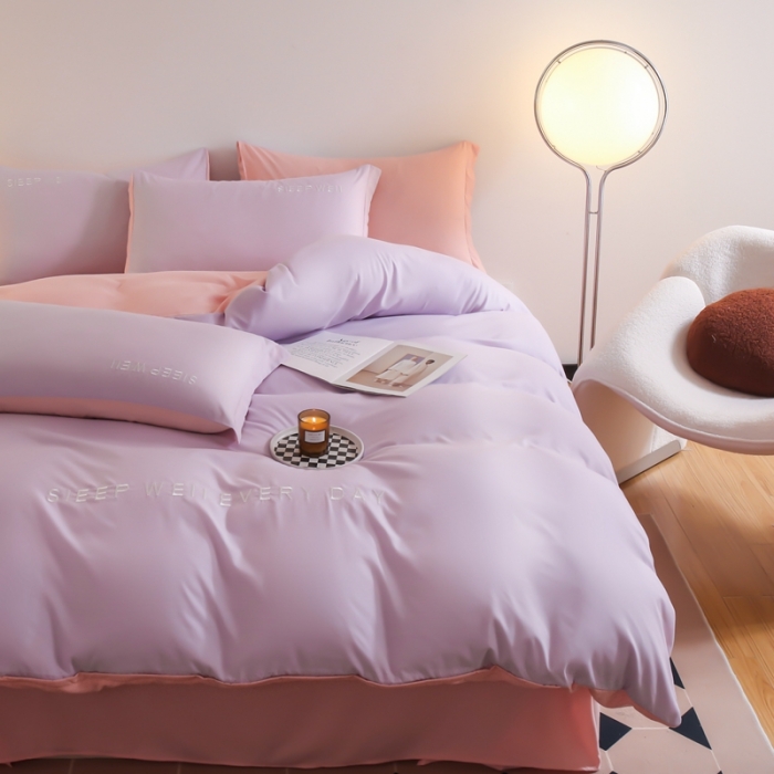 91家纺网 家纺一手货源 找家纺 啊雅家居2025新款纯色水洗磨毛亲肤绣花床单款床笠款四套件 奶紫加奶粉