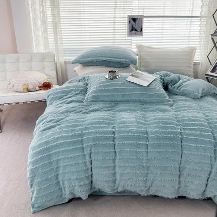 91家纺网 家纺一手货源 找家纺 仟网汇新款直播供货加厚纯色公主风流苏牛奶绒四件套简约款雾霾蓝