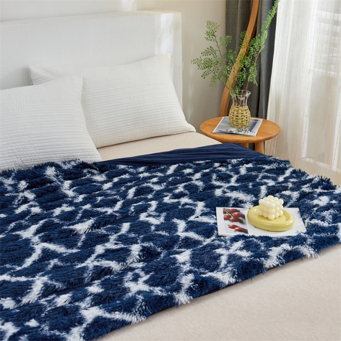 91家纺网 家纺一手货源 找家纺 品尚嘉水貂绒毛毯长毛绒法莱绒双层跨境外贸毯子-扎染系藏青格子