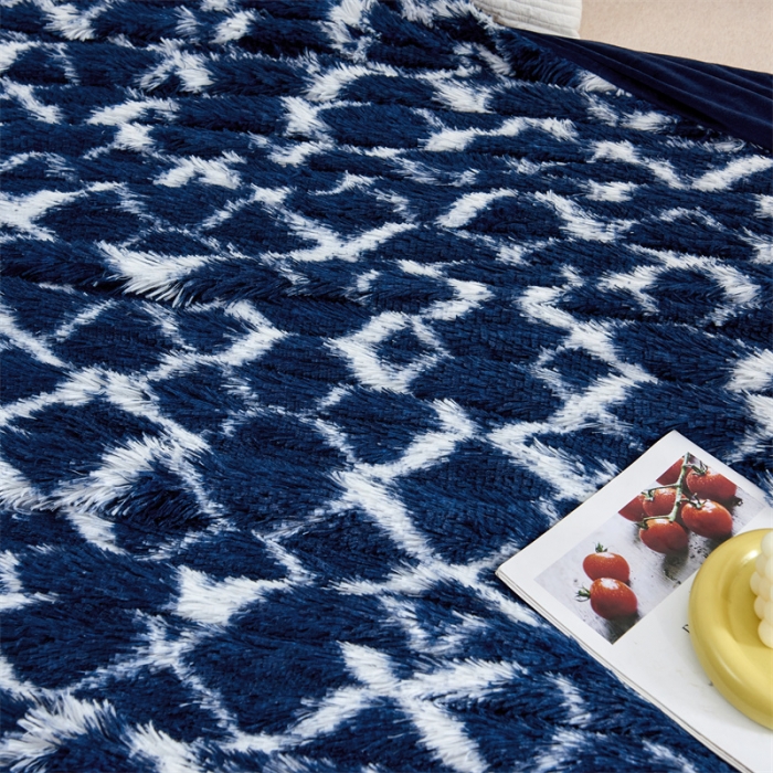 91家纺网 家纺一手货源 找家纺 品尚嘉水貂绒毛毯长毛绒法莱绒双层跨境外贸毯子-扎染系藏青格子