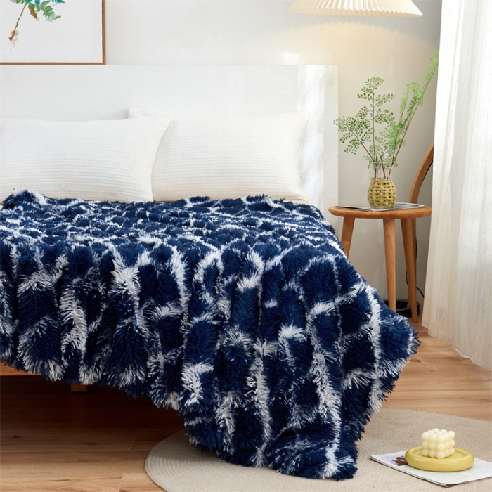 91家纺网 家纺一手货源 找家纺 品尚嘉水貂绒毛毯长毛绒法莱绒双层跨境外贸毯子-扎染系藏青格子