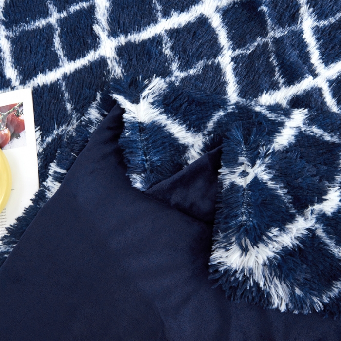 91家纺网 家纺一手货源 找家纺 品尚嘉水貂绒毛毯长毛绒法莱绒双层跨境外贸毯子-扎染系藏青格子