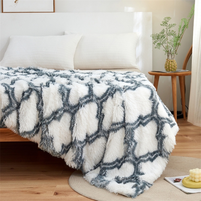 91家纺网 家纺一手货源 找家纺 品尚嘉水貂绒毛毯长毛绒法莱绒双层跨境外贸毯子-扎染系灰白格子