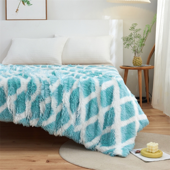 91家纺网 家纺一手货源 找家纺 品尚嘉水貂绒毛毯长毛绒法莱绒双层跨境外贸毯子-扎染系蓝色格子