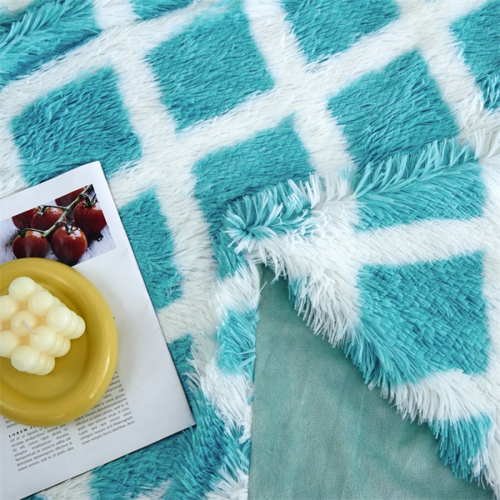 91家纺网 家纺一手货源 找家纺 品尚嘉水貂绒毛毯长毛绒法莱绒双层跨境外贸毯子-扎染系蓝色格子