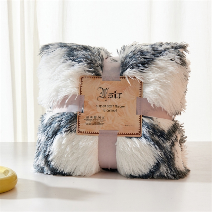 91家纺网 家纺一手货源 找家纺 品尚嘉2025水貂绒毛毯长毛绒法莱绒双层跨境外贸毯子灰白格子