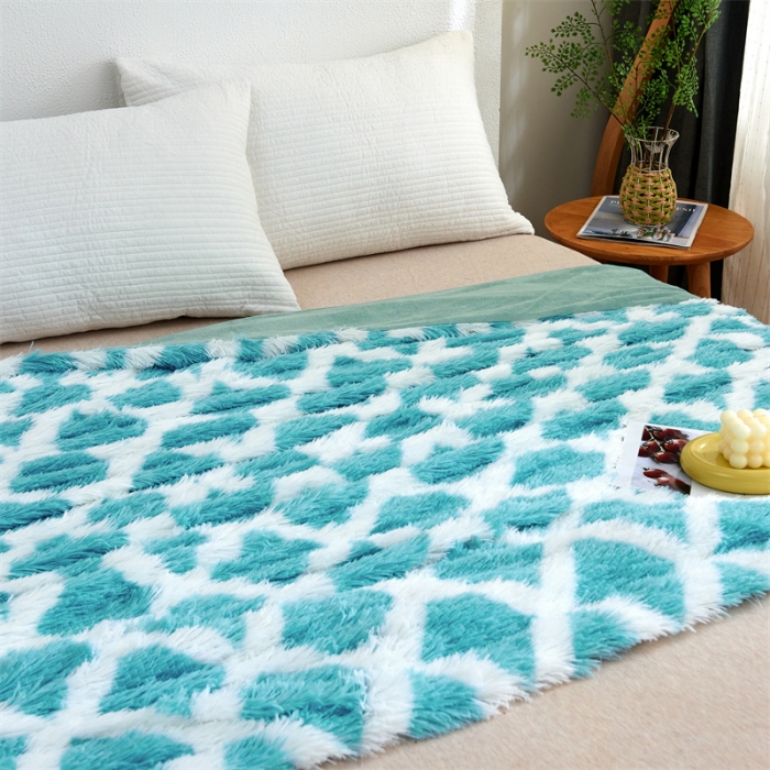 91家纺网 家纺一手货源 找家纺 品尚嘉2025水貂绒毛毯长毛绒法莱绒双层跨境外贸毯子蓝色格子