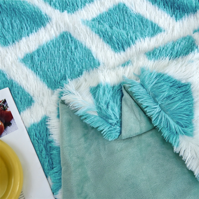 91家纺网 家纺一手货源 找家纺 品尚嘉2025水貂绒毛毯长毛绒法莱绒双层跨境外贸毯子蓝色格子