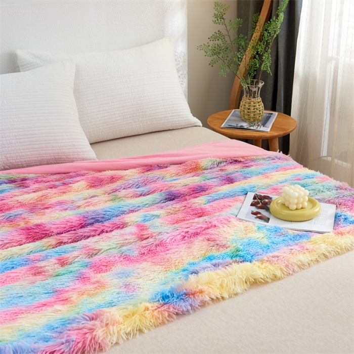 91家纺网 家纺一手货源 找家纺 品尚嘉2025水貂绒毛毯长毛绒法莱绒双层跨境外贸毯子深七彩