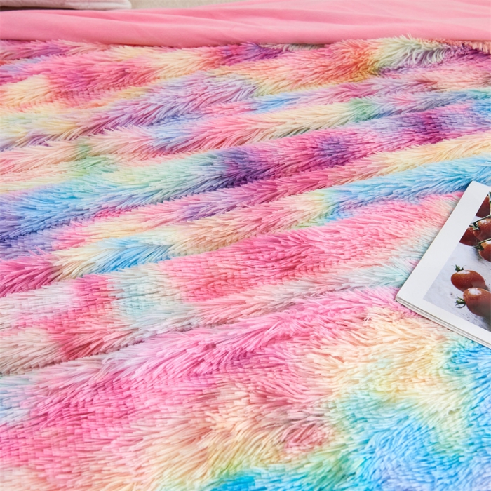 91家纺网 家纺一手货源 找家纺 品尚嘉2025水貂绒毛毯长毛绒法莱绒双层跨境外贸毯子深七彩