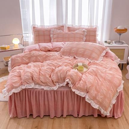 91家纺网 家纺一手货源 找家纺 绒兔兔 A版泡泡纱+B版牛奶绒韩版床裙床单四件套 淡粉