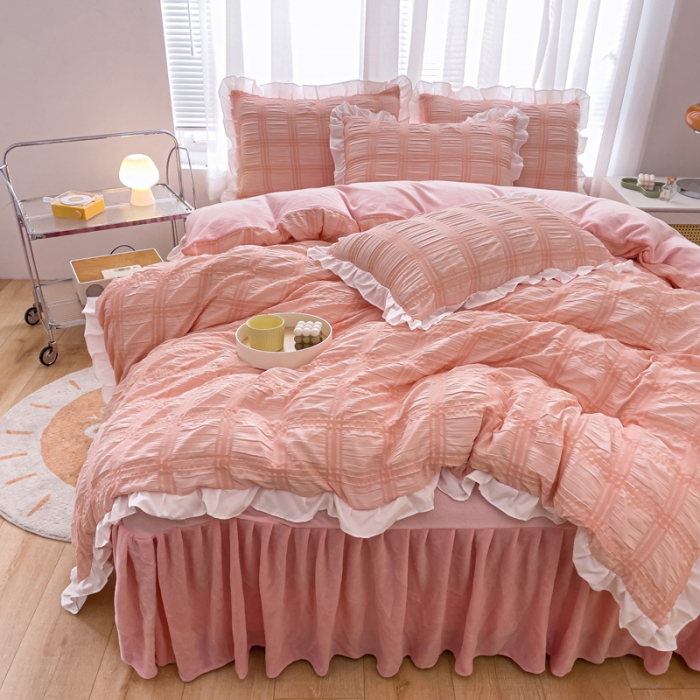 91家纺网 家纺一手货源 找家纺 绒兔兔 A版泡泡纱+B版牛奶绒韩版床裙床单四件套 淡粉