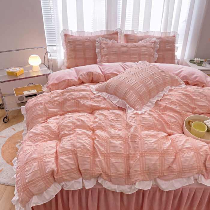 91家纺网 家纺一手货源 找家纺 绒兔兔 A版泡泡纱+B版牛奶绒韩版床裙床单四件套 淡粉