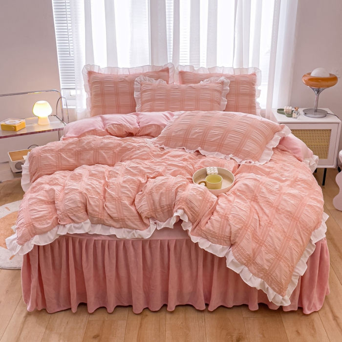 91家纺网 家纺一手货源 找家纺 绒兔兔 A版泡泡纱+B版牛奶绒韩版床裙床单四件套 淡粉