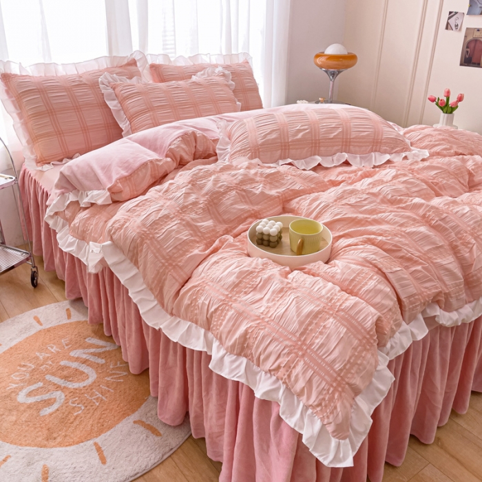 91家纺网 家纺一手货源 找家纺 绒兔兔 A版泡泡纱+B版牛奶绒韩版床裙床单四件套 淡粉