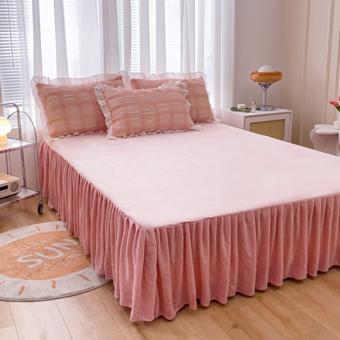 91家纺网 家纺一手货源 找家纺 绒兔兔 A版泡泡纱+B版牛奶绒韩版床裙床单四件套 淡粉