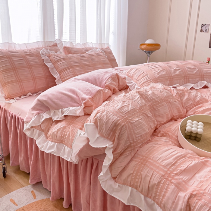 91家纺网 家纺一手货源 找家纺 绒兔兔 A版泡泡纱+B版牛奶绒韩版床裙床单四件套 淡粉