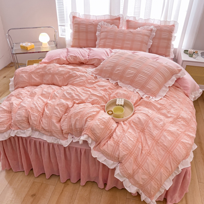 91家纺网 家纺一手货源 找家纺 绒兔兔 A版泡泡纱+B版牛奶绒韩版床裙床单四件套 淡粉